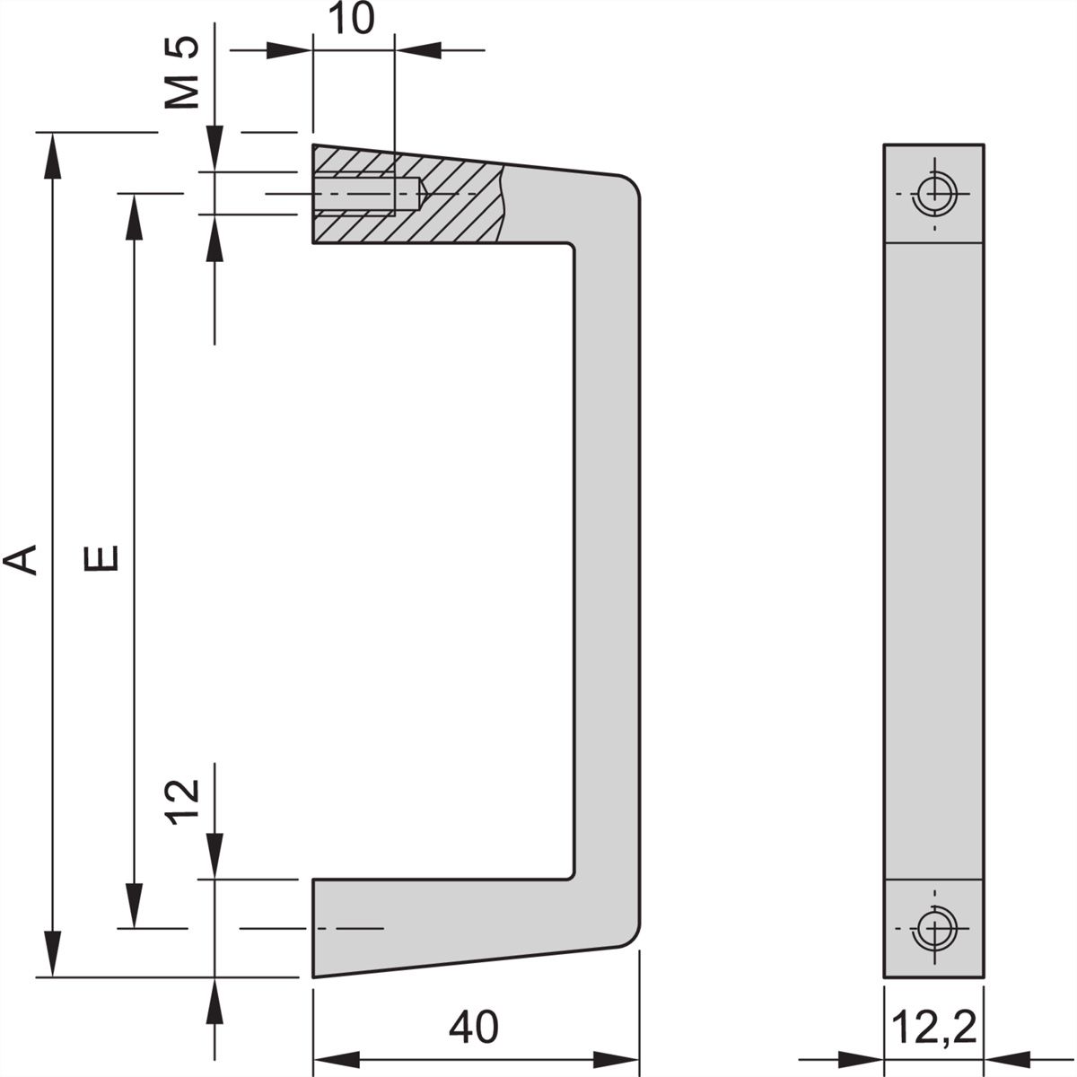 Poignée avant SCHROFF en une pièce, largeur 12,2 mm, anodisé clair, 194 mm