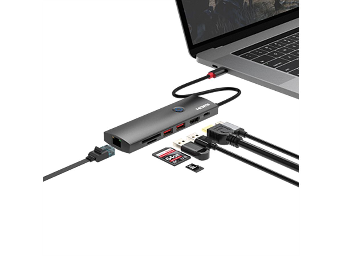 ROLINE Station d'accueil USB 3.2 Gen 2 type C multiports, HDMI 4K60, USB 3.2 Gen2, USB-C PD, LAN, SD-Card Reader