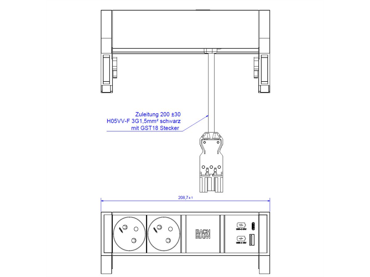 BACHMANN DESK2 2xUTE 1xUSB A/C 22W 0,2m GST18 RAL9010
