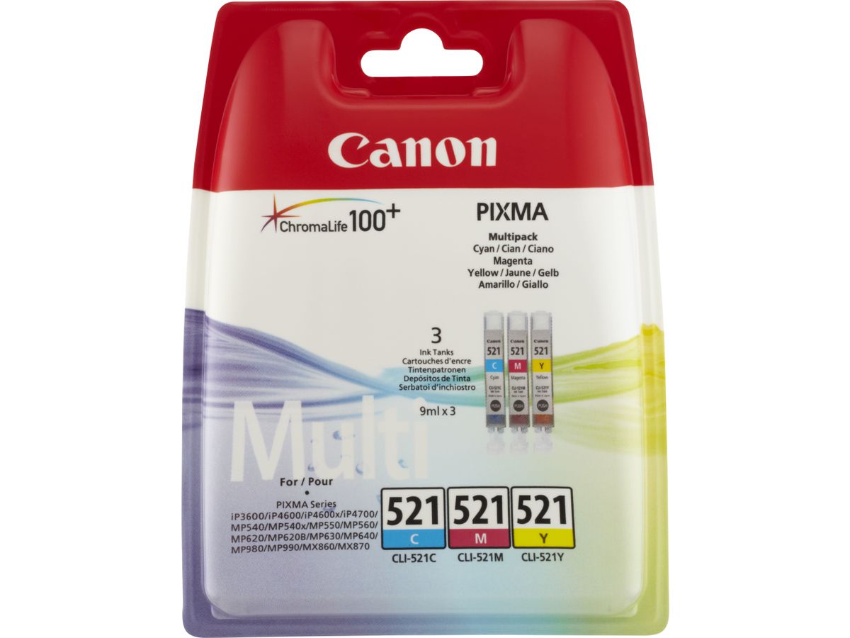 Canon Multipack de cartouches d'encre couleur CLI-521 C/M/Y