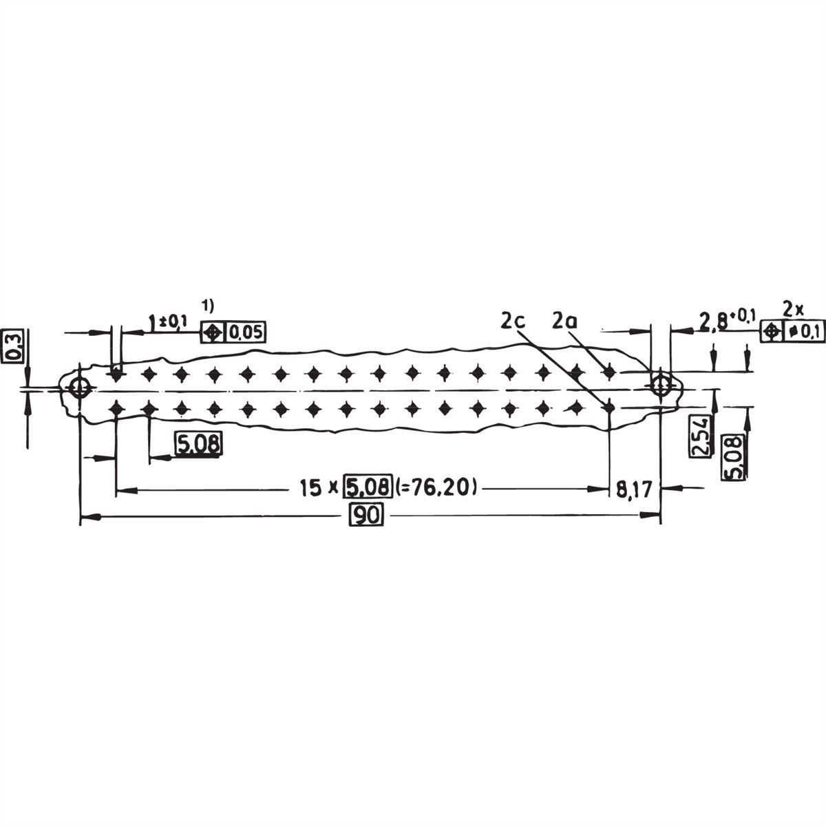 Connecteur SCHROFF de type D, EN 60603, DIN 41612, femelle, 32 contacts, wire-wrap, 20 mm