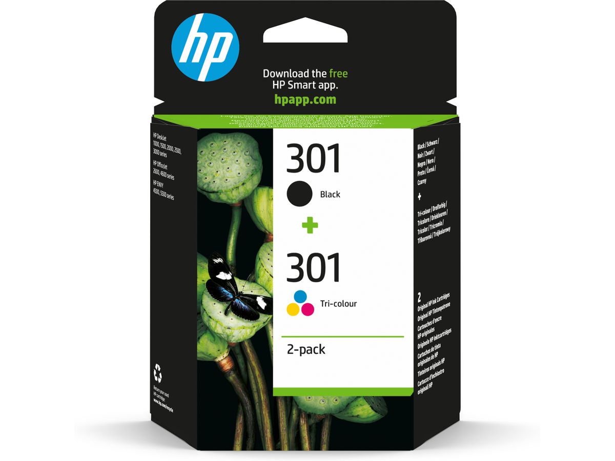 HP 301 pack de 2 cartouches d'encre noir/trois couleurs authentiques