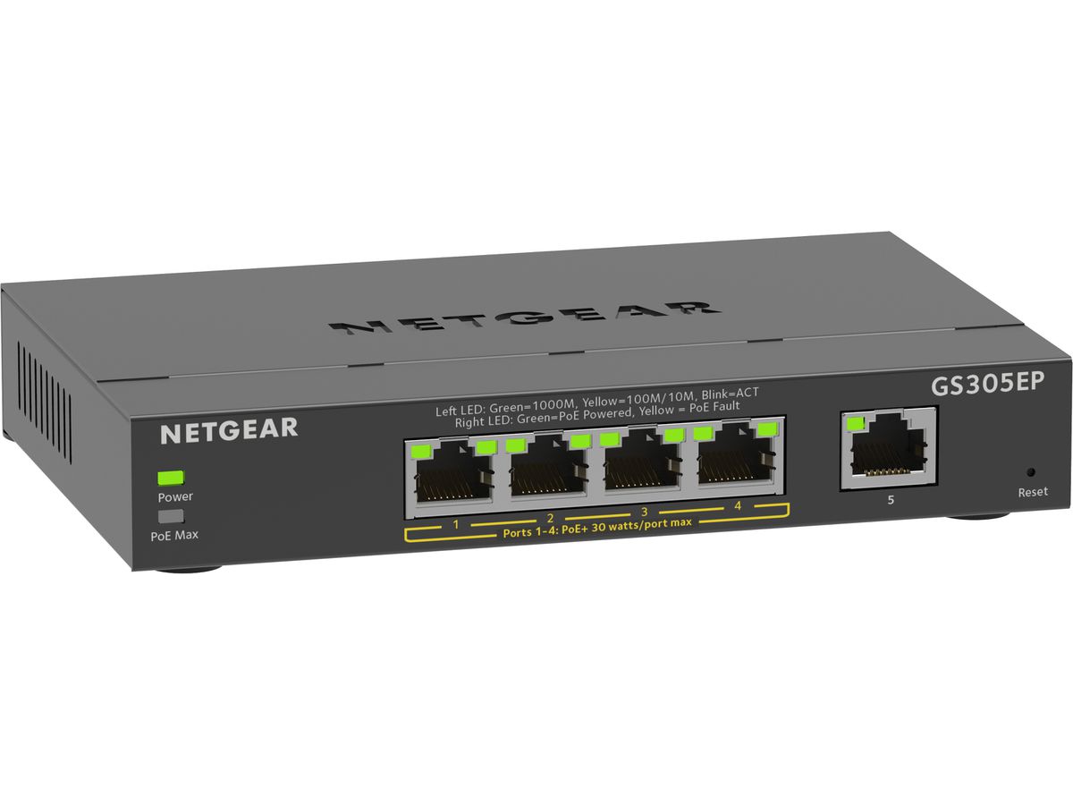 NETGEAR 5-Port Gigabit Ethernet PoE+ Plus Switch (GS305EP) Géré L2/L3 Gigabit Ethernet (10/100/1000) Connexion Ethernet, supportant l'alimentation via ce port (PoE) Noir