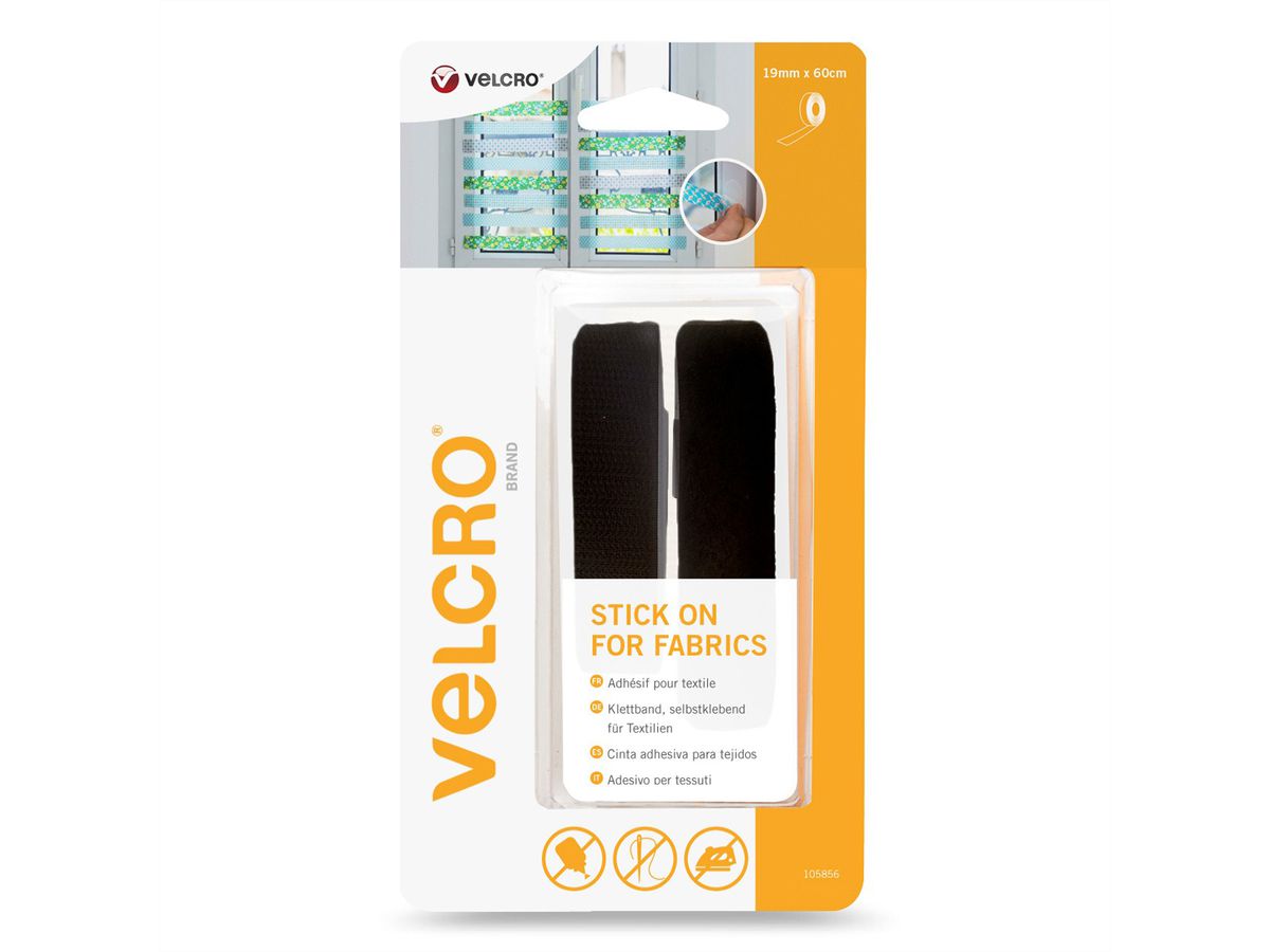 VELCRO® Pour textiles 19x600mm noir, bande à coller crochets & velours