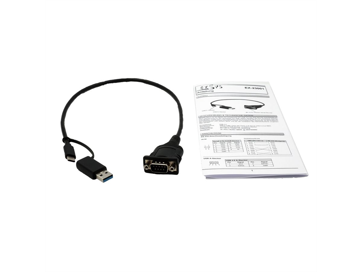 EXSYS EX-23001 Câble USB 2.0 avec connecteur C et A vers 1 x câble série RS-232 avec connecteur 9 broches FTDI Chip-Set