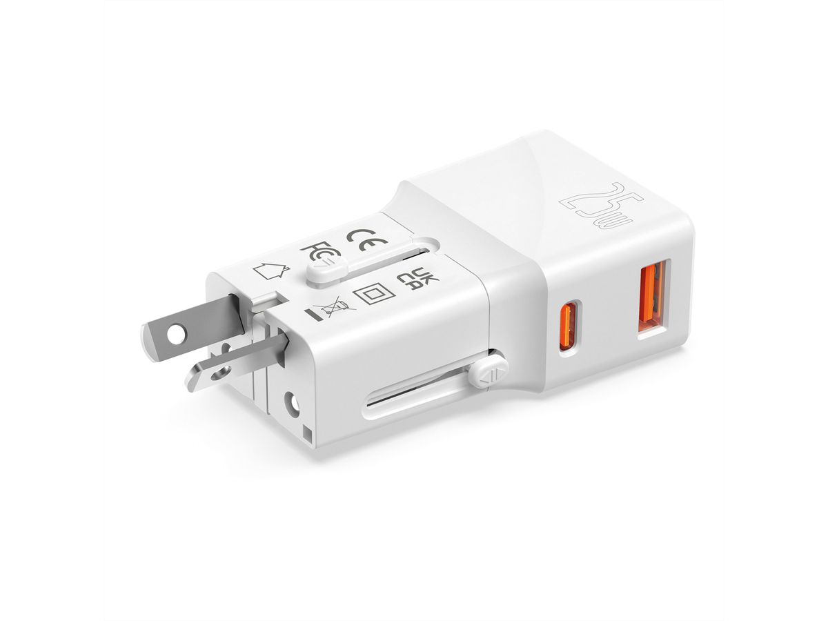 ROLINE Chargeur de voyage USB avec prise UK/US/Euro, 2 ports, 1x QC3.0 A + 1x C (PD), 25W