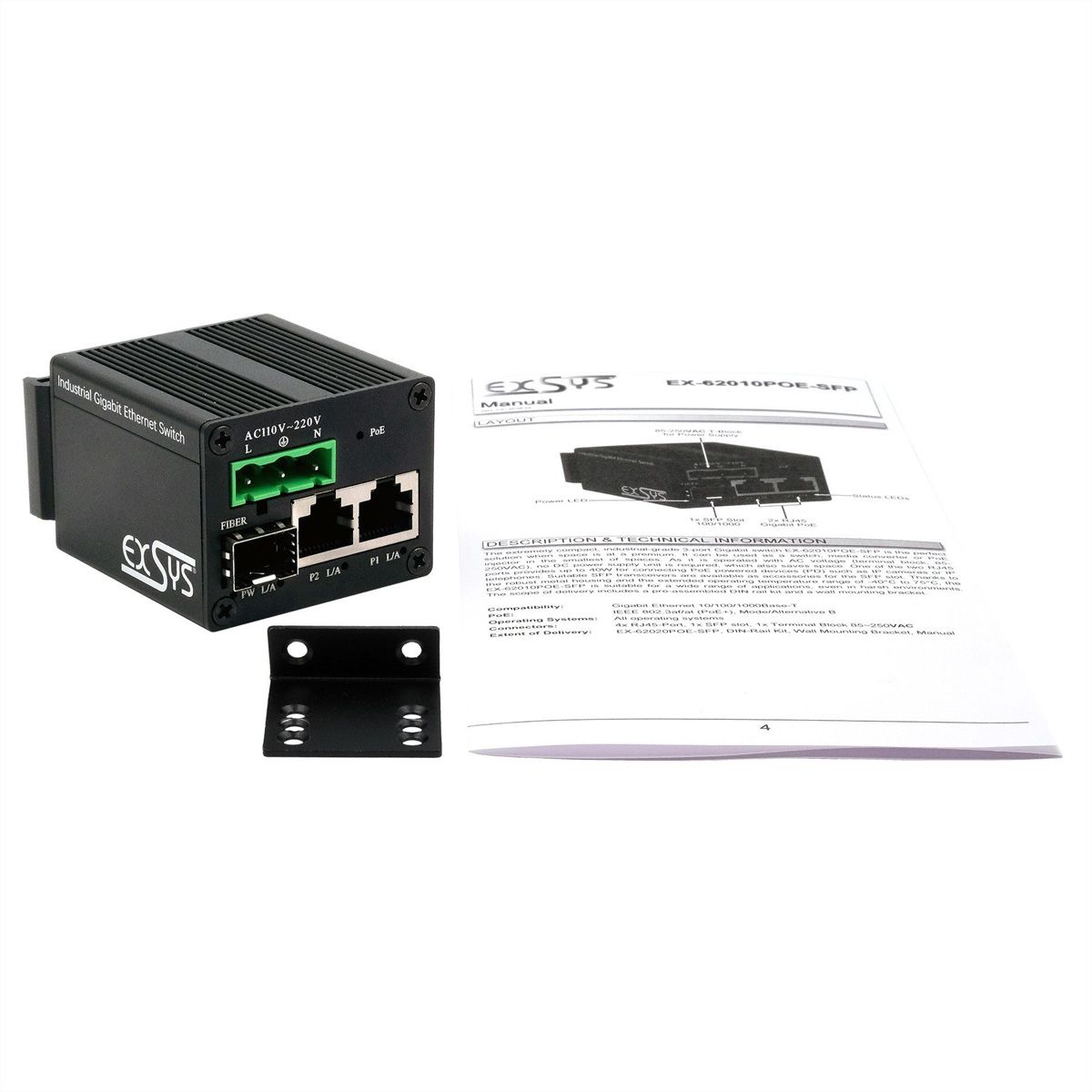 EXSYS EX-62010PoE-SFP Switch industriel Micro 2+1 ports PoE+ Gigabit
