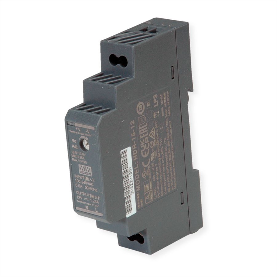 MEAN WELL HDR-15-12 Alimentation industrielle DIN 15W 12V DC, Anthracite