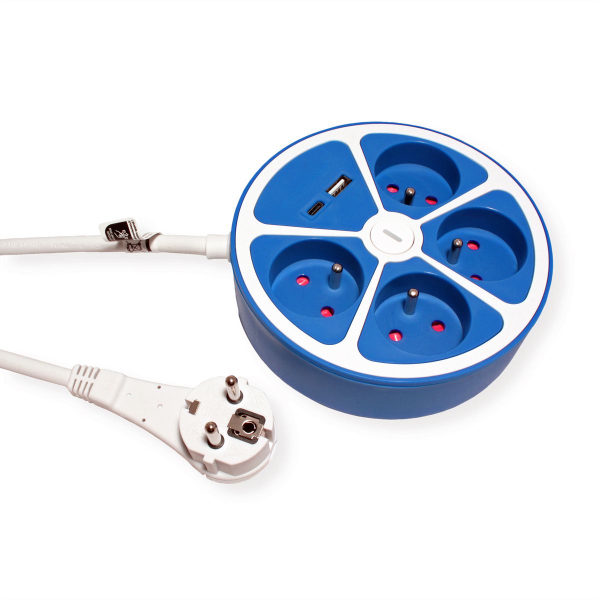 ROLINE Prise multiple, 4 ports avec interrupteur, rond, Version UTE, Fast Charger, 1x USB A+C, bleu, 1,5 m