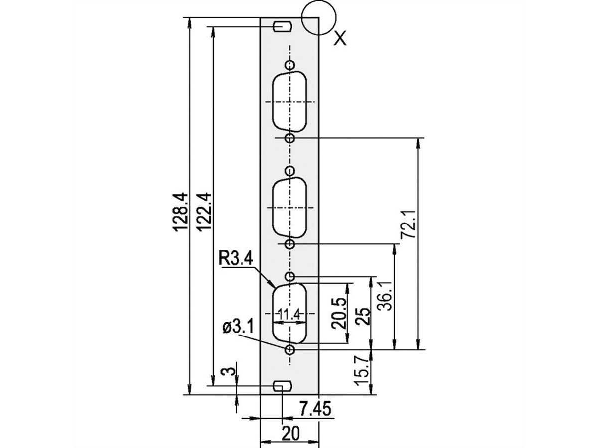 SCHROFF Face avant, plate, Refrofit Shielding, D-Sub Cutout, 3 U, 4 HP, 3 x 9 broches, 2,5 mm, alu, anodisé avant, conducteur arrière
