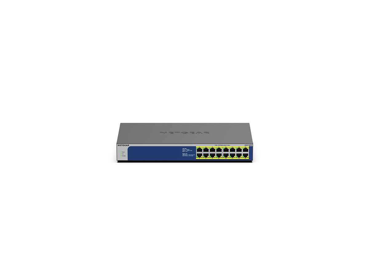 NETGEAR GS516PP Non-géré Gigabit Ethernet (10/100/1000) Connexion Ethernet, supportant l'alimentation via ce port (PoE) Bleu, Gris