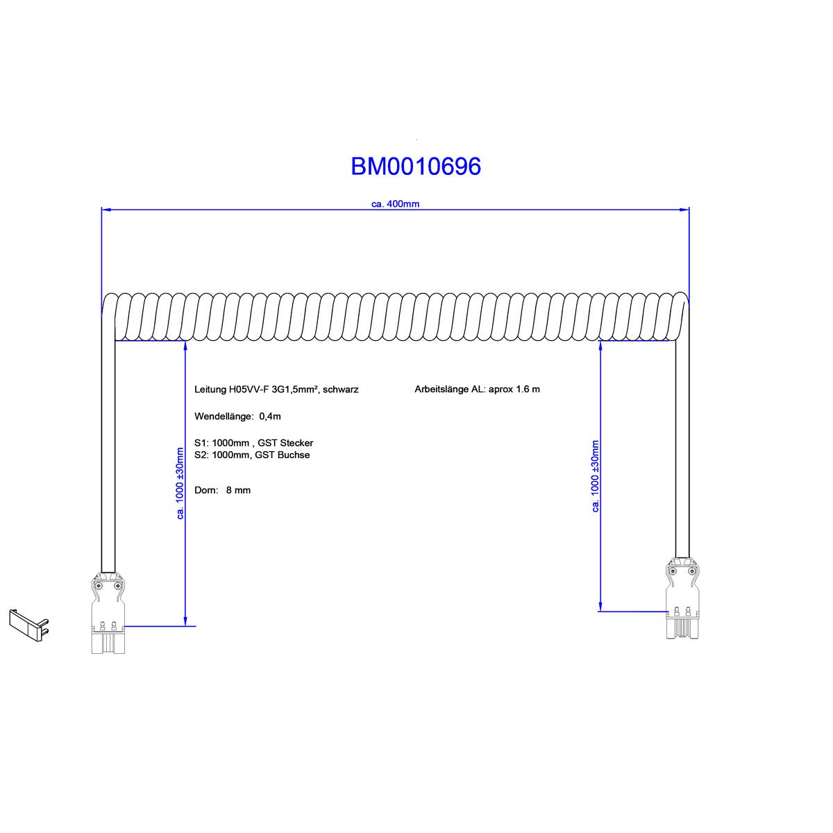 BACHMANN Câble spiralé H05VV-F3G1,5 mm² noir 4,0 m, verrouillage ISV