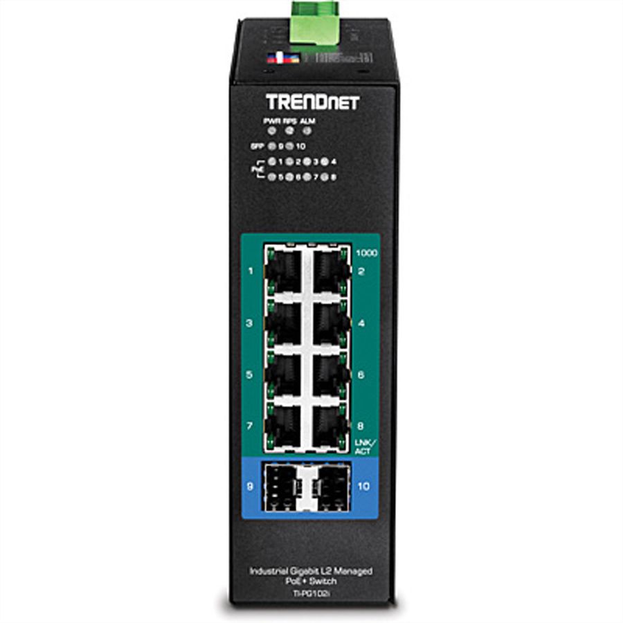TRENDnet TI-PG102i Switch industriel Rail DIN Gigabit PoE+ L2 à 10 ports