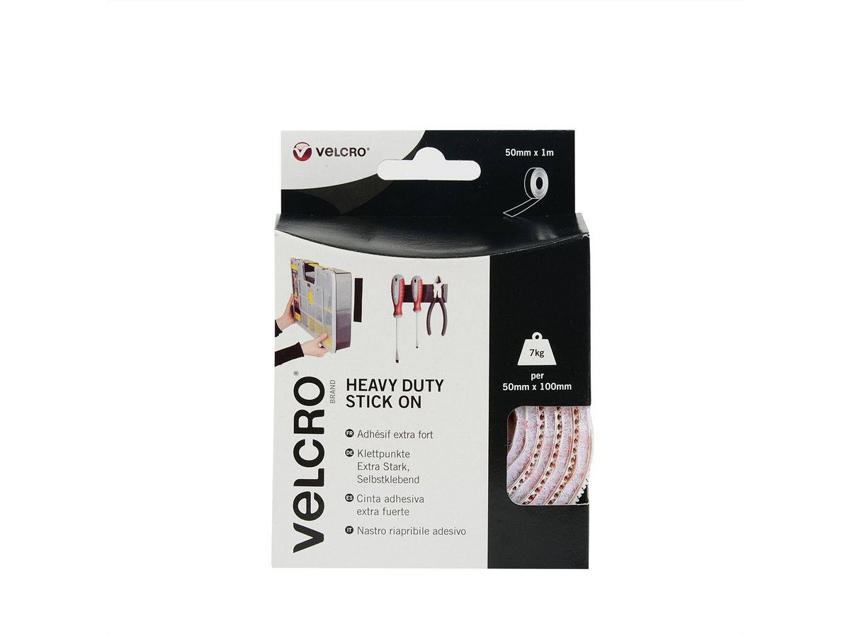 VELCRO® Bande 50mmx1m blanc, crochets&velours autocollants extra fort