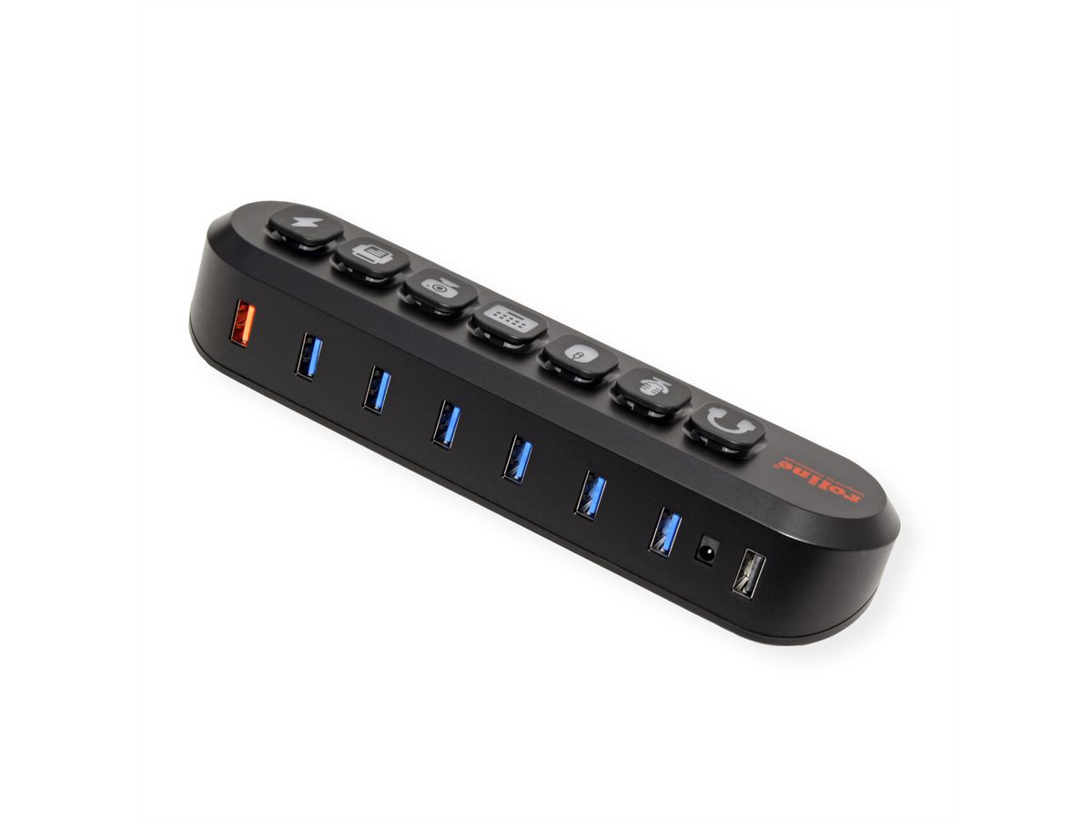 ROLINE Hub USB 3.2 Gen 1, 7 ports, prise type A, boutons interchangeables