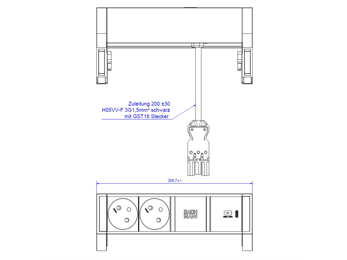 BACHMANN DESK2 2xUTE 1xUSB C 30W 0,2m GST18 INOX