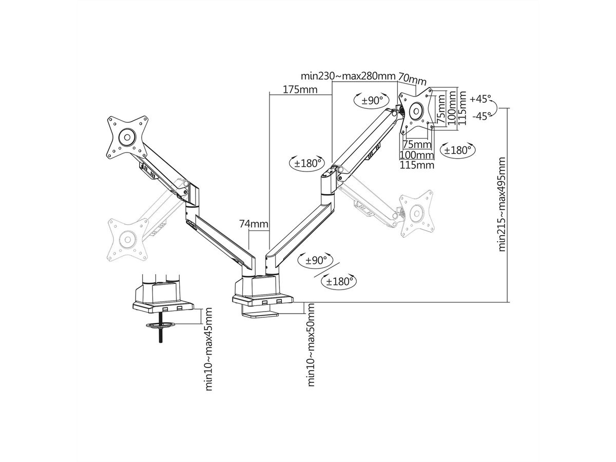 ROLINE Support double LCD pneumatique, 5 articulations, pivot, argent