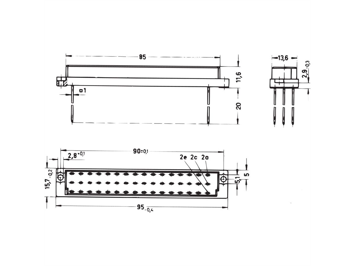 Connecteur SCHROFF de type E, EN 60603, DIN 41612, femelle, 48 contacts, wire-wrap, 22 mm