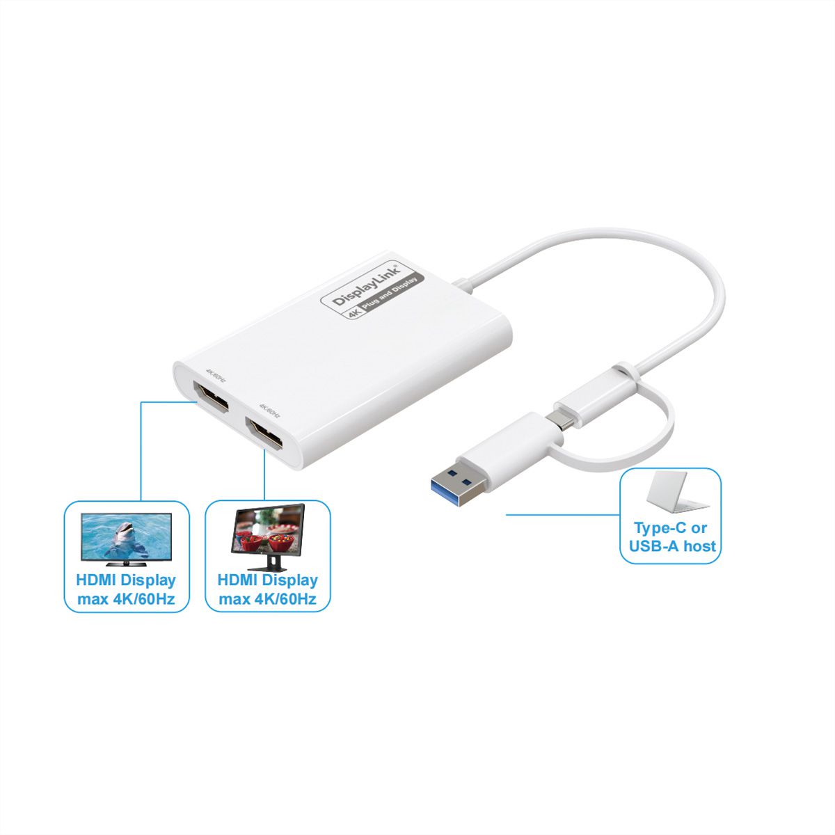 ROLINE Adaptateur Multi-DisplayLink USB type A+C - 2x HDMI, Multi-Stream 4K