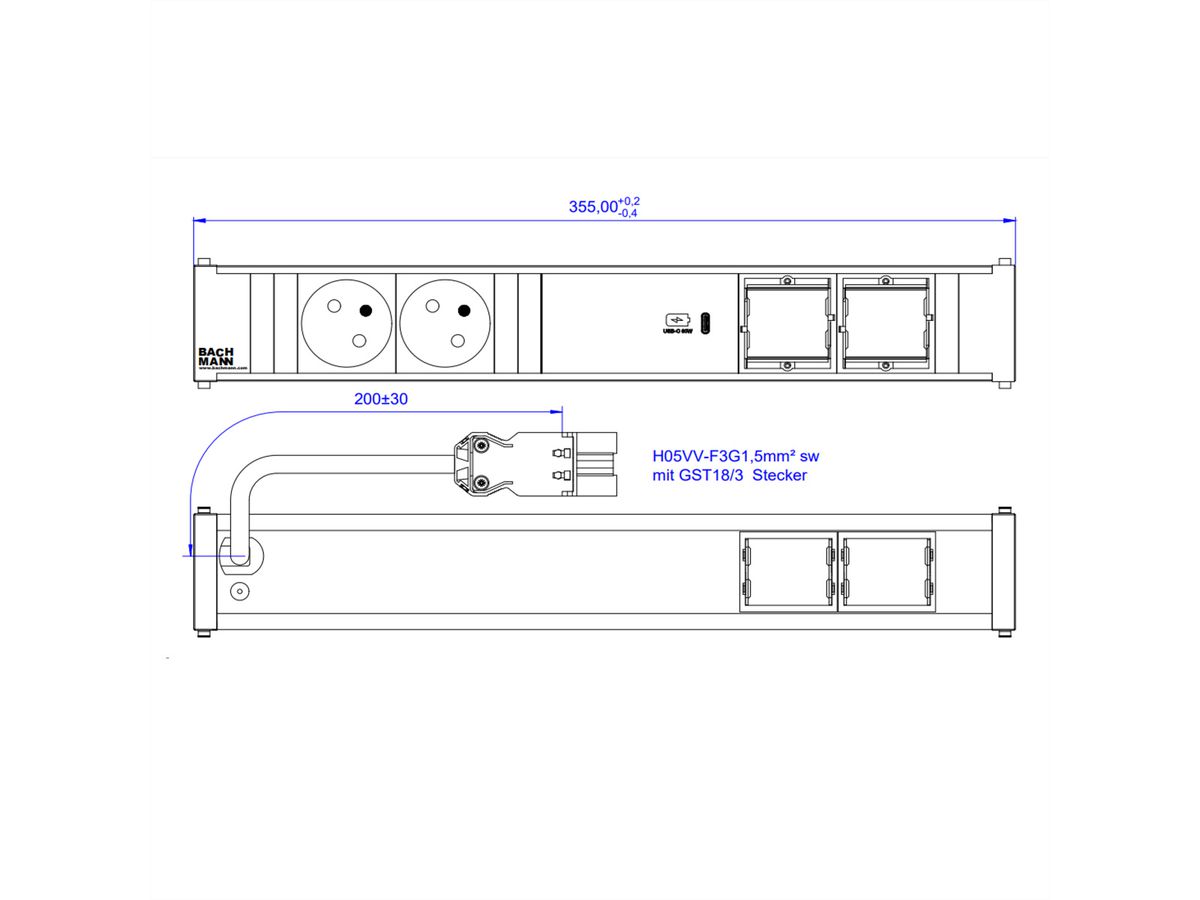 BACHMANN CONI 2xUTE 1xUSB C 60W 2xCM 0,2m GST18