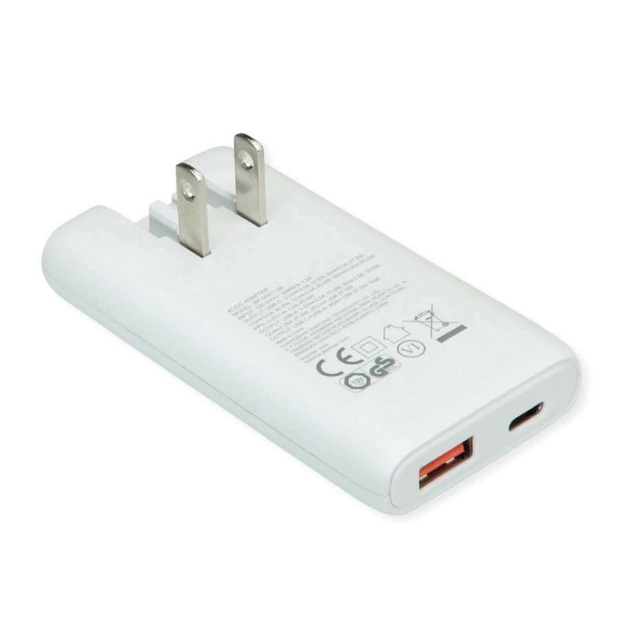 VALUE Chargeur USB, 2 ports type A+C, 65W, prise euro / US