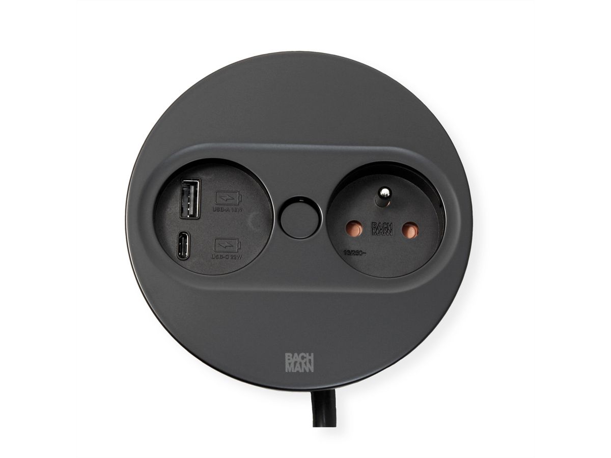 BACHMANN TWIST 2 1xUTE 1xUSB A/C 22W 2,0m AEH RAL9005 30GE rond, Mess.p.Ph. 3G4 CEE32A Lan Commutation p.D.