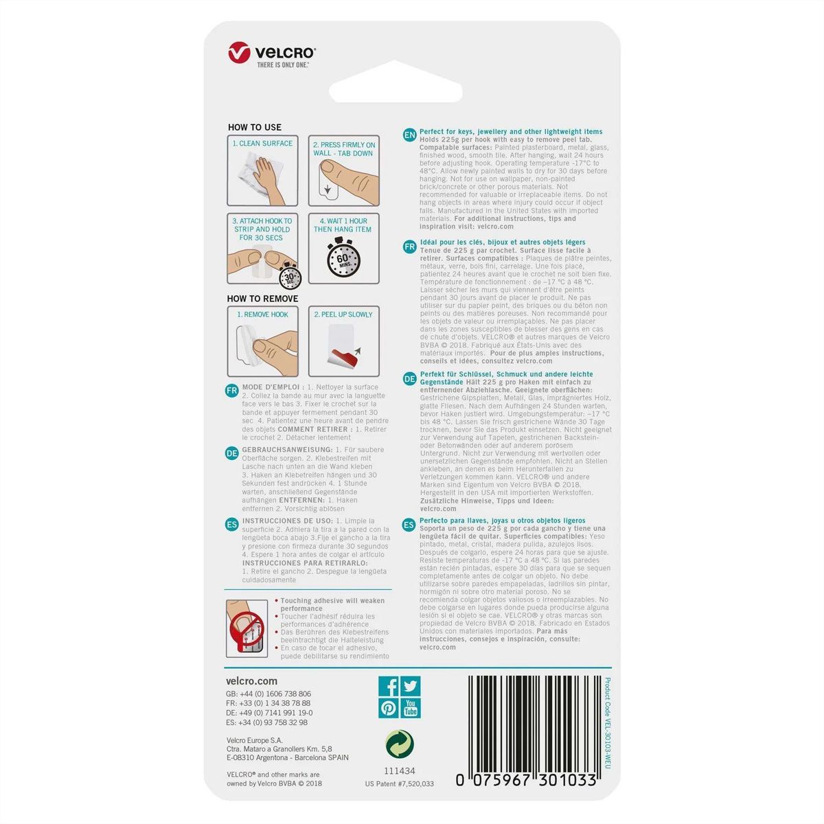 VELCRO® HANGables Crochets micro-adhésifs 225 g, 8 pièces, amovibles, blanches