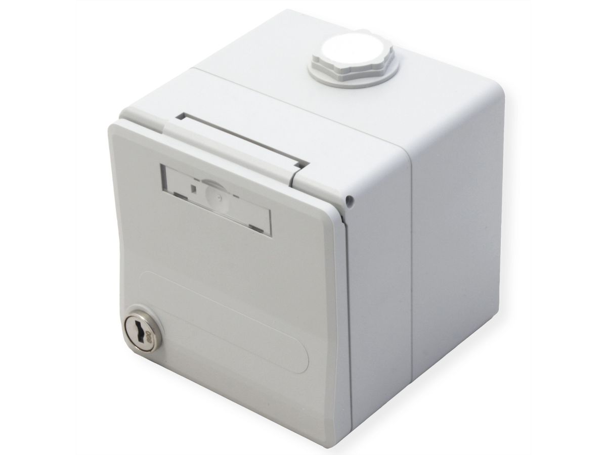 METZ CONNECT Boîtier apparent pour module IP44 , Couvercle rabattable + serrure, 2 ports non équipés , gris