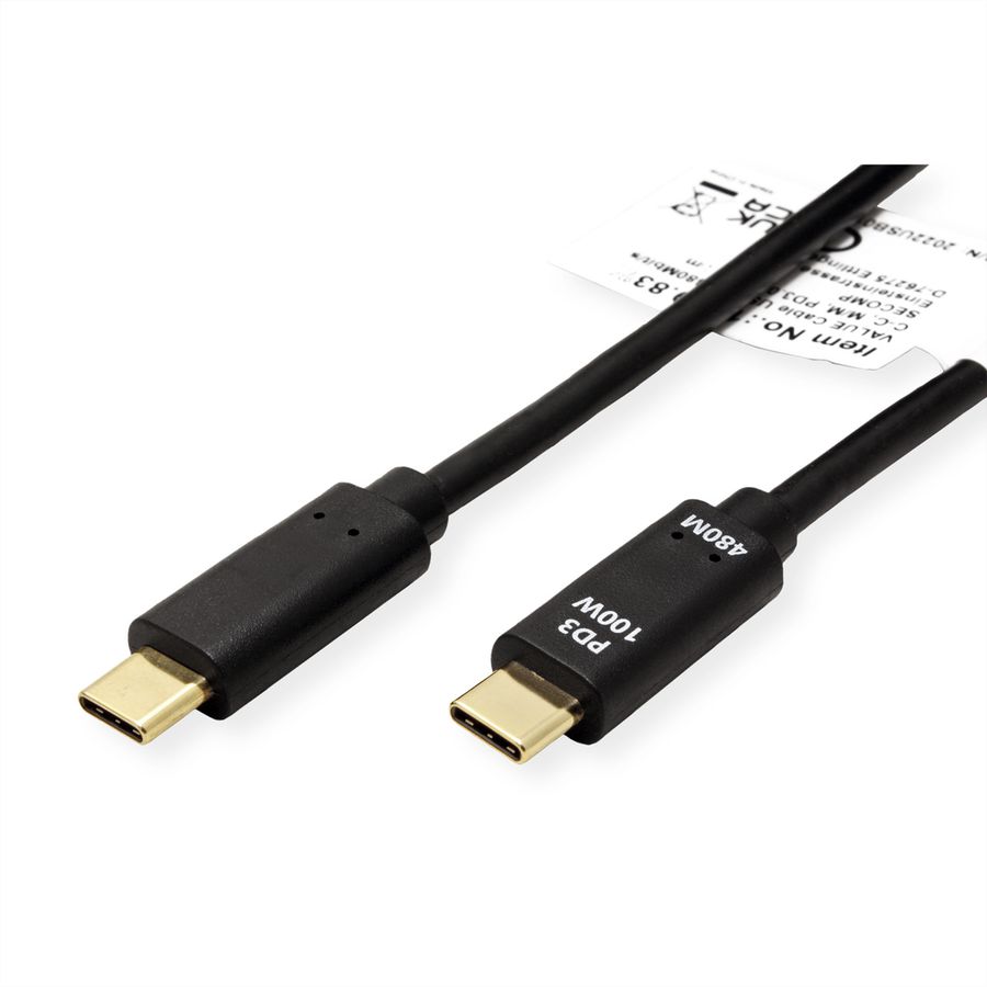 VALUE Câble USB 2.0, C–C, M/M, 100W, noir, 1 m