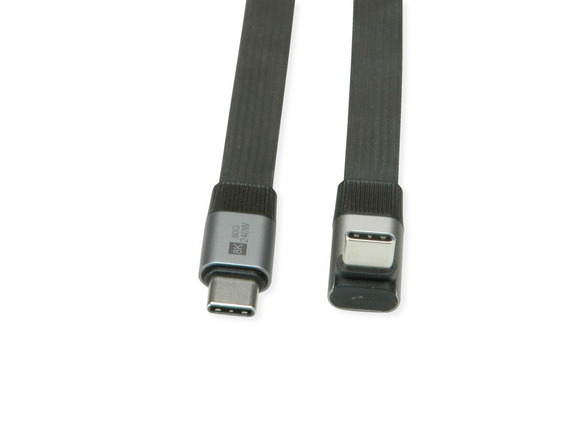 ROLINE Câble USB4 2.0 plat, C–C, M/M, un côté coudé à 270°, 8K UHD-2, 80Gbit/s, 240W, noir, 0,8 m