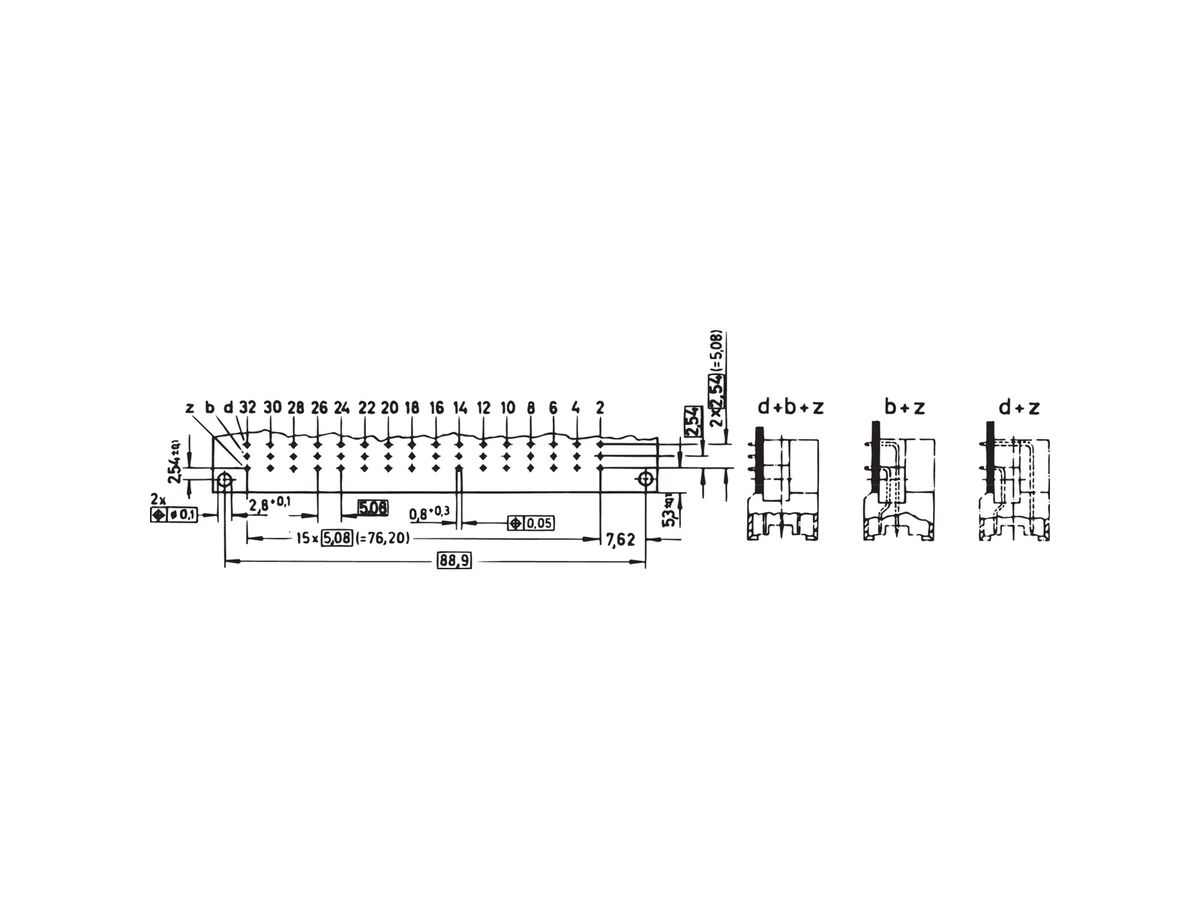 Connecteur SCHROFF de type F, EN 60603, DIN 41612, mâle, 48 contacts, broches à souder, 2.9 mm