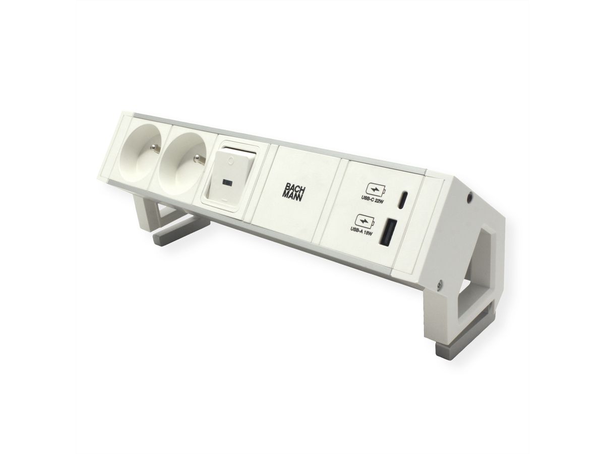 BACHMANN DESK2 ALU WHITE 2xUTE 1xUSB A/C 22W 1xinterrupteur 0,2m