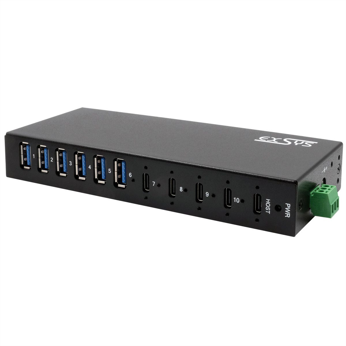 EXSYS EX-12290HMS HUB métallique 10 ports USB 3.2 Gen 2x1, 4x USB-C et 6x USB-A 3.2 Gen 1, pour table, mur et rail DIN
