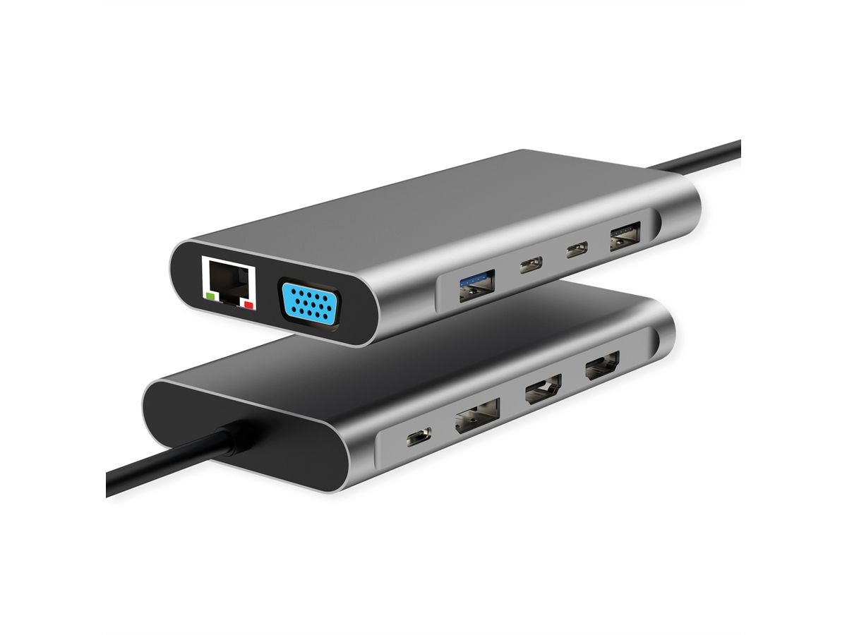 VALUE Station d'accueil USB type C, 2x HDMI (4K60 et 4K30), 1x DP 4K60, 1x VGA, 1x Gb Ethernet, 2x USB C, 2x USB A (3.2 Gen1 et USB 2.0, 1x type C PD