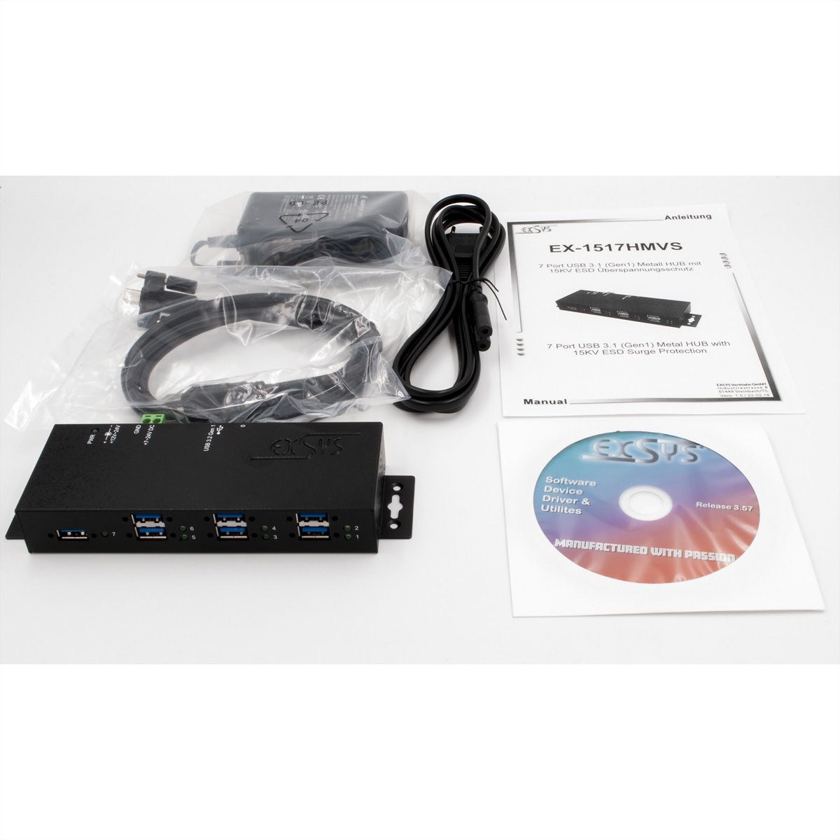 EXSYS EX-1517HMVS Hub métallique géré USB 3.2 Gen1 à 7 ports, protection de surtension 15KV ESD